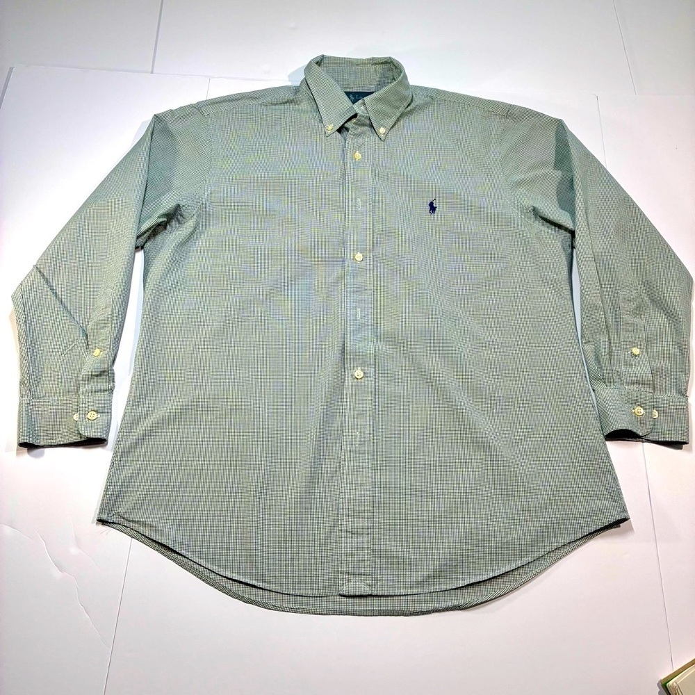 Ralph Lauren Custom Fit Shirt Mens 16 1/2 Button-Down Collar Green Blue Checked